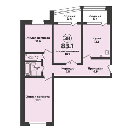 Вариант №5718, 3-комнатная квартира в жилом комплексе Инфинити