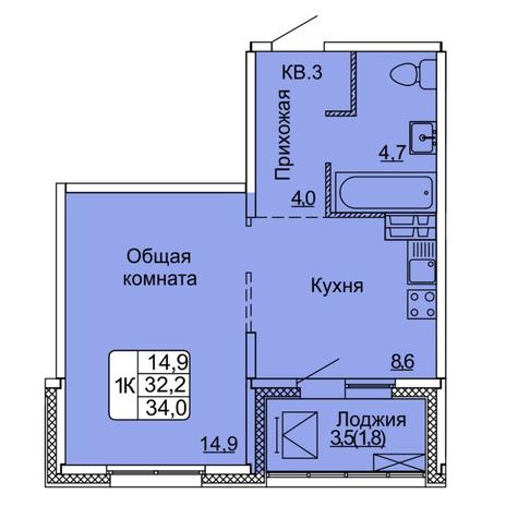 Вариант №7958, 1-комнатная квартира в жилом комплексе 