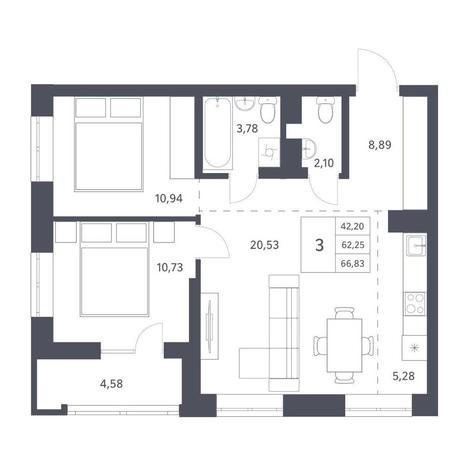 Вариант №11521, 3-комнатная квартира в жилом комплексе 