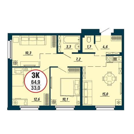 Вариант №10431, 3-комнатная квартира в жилом комплексе 