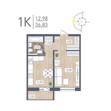 Вариант №12163, 1-комнатная квартира в жилом комплексе 