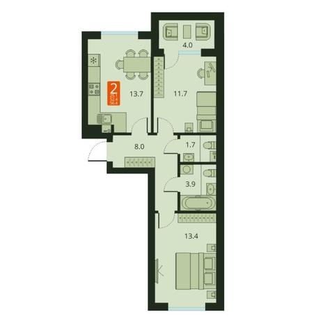 Вариант №7494, 2-комнатная квартира в жилом комплексе Акварельный 3.0