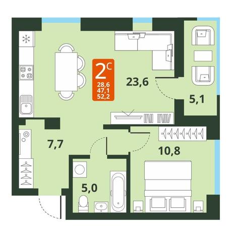 Вариант №13784, 2-комнатная квартира в жилом комплексе 