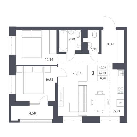 Вариант №11518, 3-комнатная квартира в жилом комплексе Характер