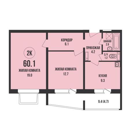 Вариант №15316, 2-комнатная квартира в жилом комплексе Расцветай на Авиастроителей