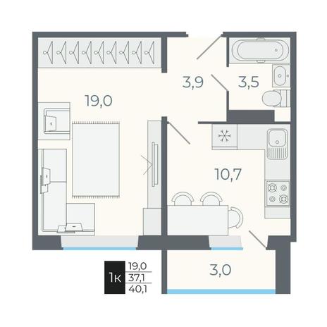 Вариант №12646, 1-комнатная квартира в жилом комплексе 