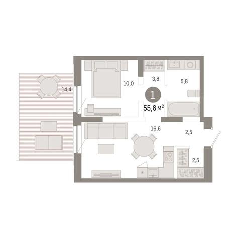 Вариант №14858, 1-комнатная квартира в жилом комплексе Авиатор