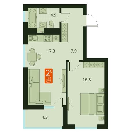 Вариант №7493, 2-комнатная квартира в жилом комплексе 