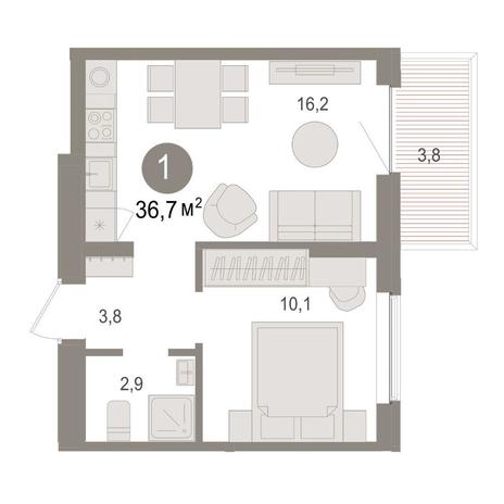 Вариант №14942, 1-комнатная квартира в жилом комплексе 