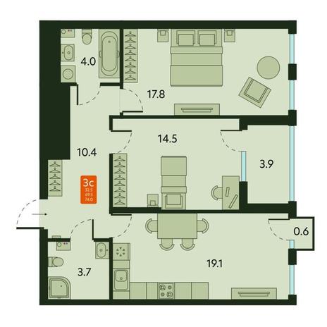 Вариант №9284, 3-комнатная квартира в жилом комплексе 