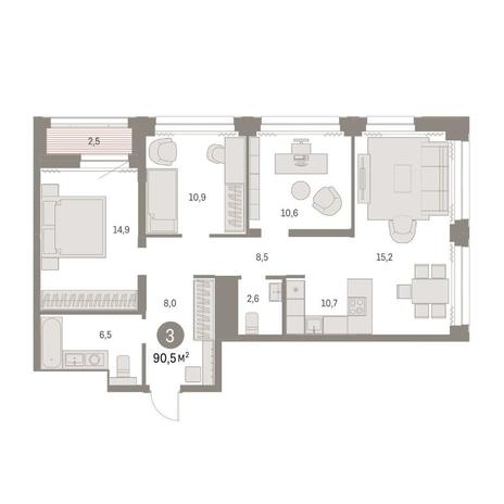 Вариант №15536, 3-комнатная квартира в жилом комплексе Новый Кедровый