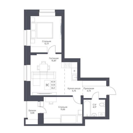Вариант №16957, 3-комнатная квартира в жилом комплексе Новый Кедровый