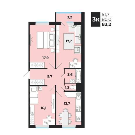 Вариант №13776, 3-комнатная квартира в жилом комплексе 