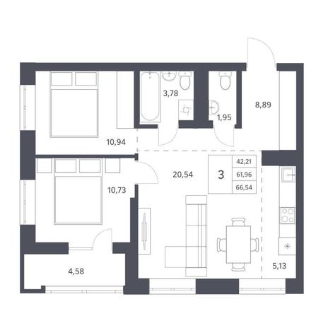 Вариант №11517, 3-комнатная квартира в жилом комплексе Новаторы