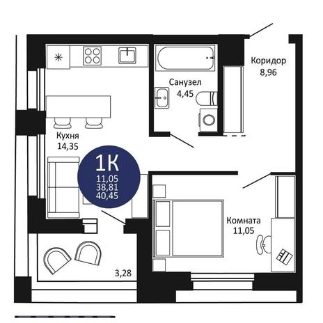 Вариант №15190, 1-комнатная квартира в жилом комплексе Квартал на Игарской