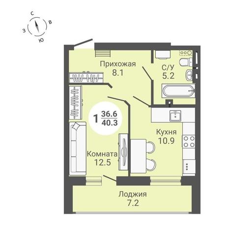 Вариант №10565, 1-комнатная квартира в жилом комплексе 