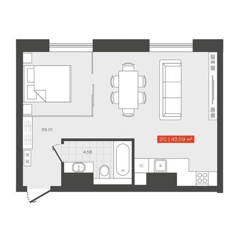 Вариант №13697, 1-комнатная квартира в жилом комплексе 