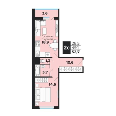 Вариант №13762, 2-комнатная квартира в жилом комплексе 