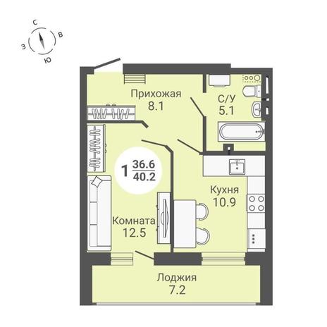 Вариант №10591, 1-комнатная квартира в жилом комплексе 