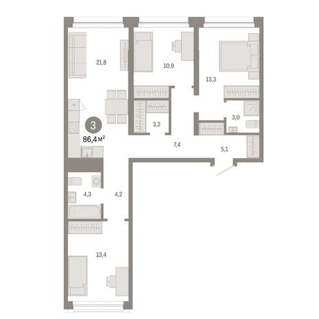 Вариант №14914, 3-комнатная квартира в жилом комплексе Авиатор