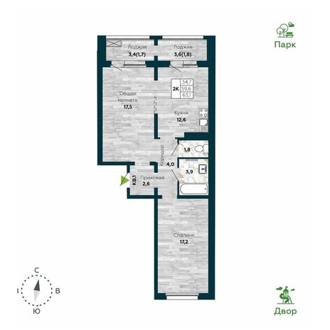 Вариант №10903, 2-комнатная квартира в жилом комплексе Галактика