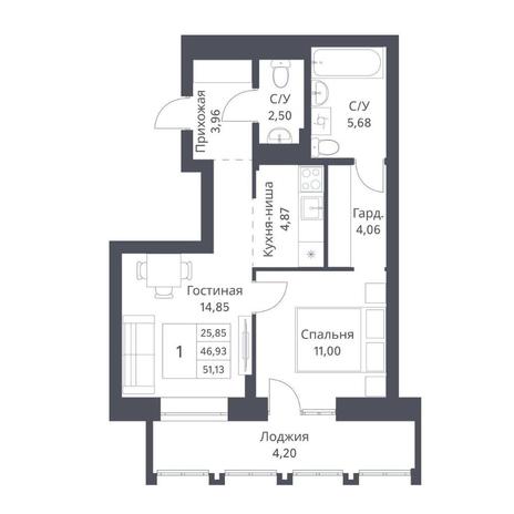 Вариант №14175, 1-комнатная квартира в жилом комплексе Чернышевский