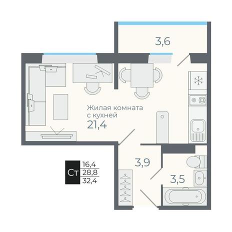 Вариант №12635, 1-комнатная квартира в жилом комплексе 