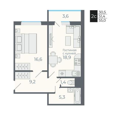 Вариант №12633, 2-комнатная квартира в жилом комплексе 