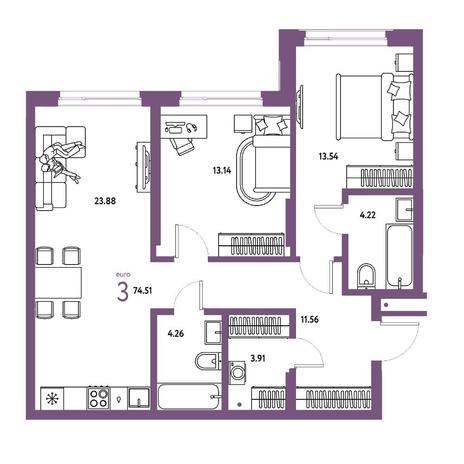 Вариант №15778, 3-комнатная квартира в жилом комплексе Горская лагуна