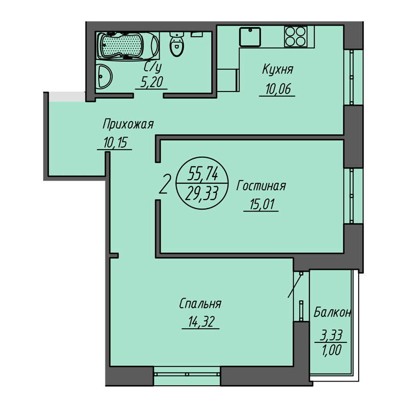 Планировка 2-комнатная площадью 55.74 м<sup>2</sup> в ЖК Облака