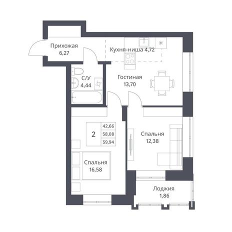 Вариант №14169, 2-комнатная квартира в жилом комплексе Авиатор