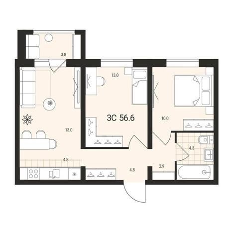 Вариант №14492, 3-комнатная квартира в жилом комплексе Цивилизация