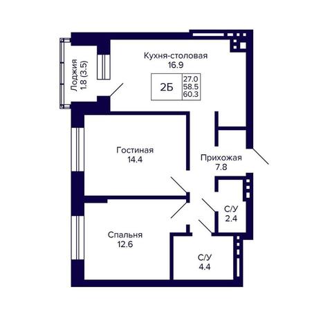 Вариант №14327, 2-комнатная квартира в жилом комплексе Авиатор