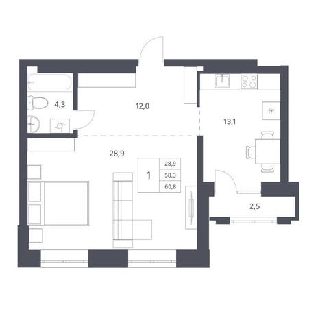 Вариант №11215, 1-комнатная квартира в жилом комплексе 