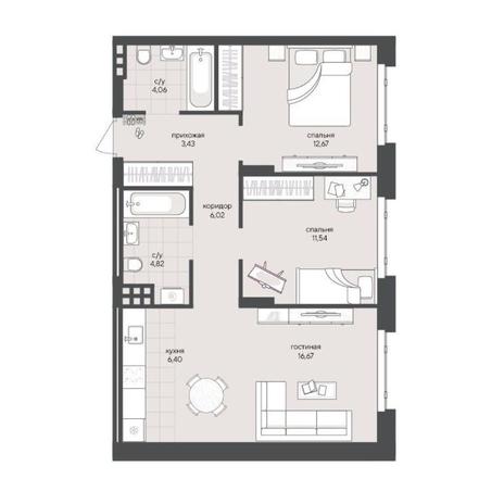 Вариант №15372, 2-комнатная квартира в жилом комплексе Марсель-2