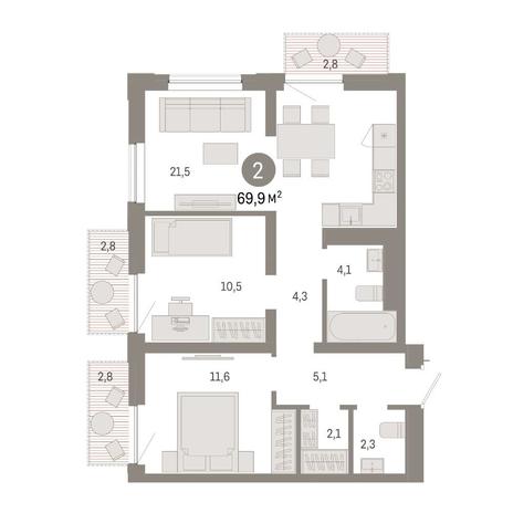 Вариант №14828, 2-комнатная квартира в жилом комплексе 