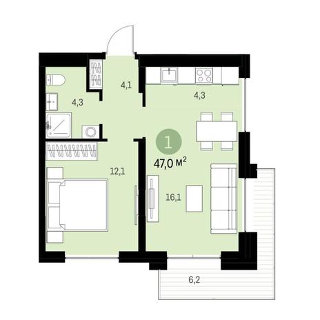 Вариант №9188, 1-комнатная квартира в жилом комплексе Авиатор