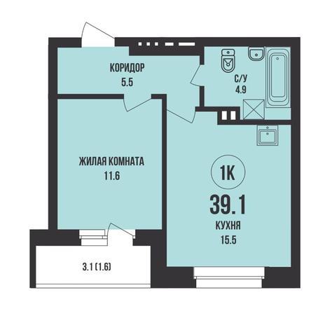 Вариант №16078, 1-комнатная квартира в жилом комплексе Новый парк