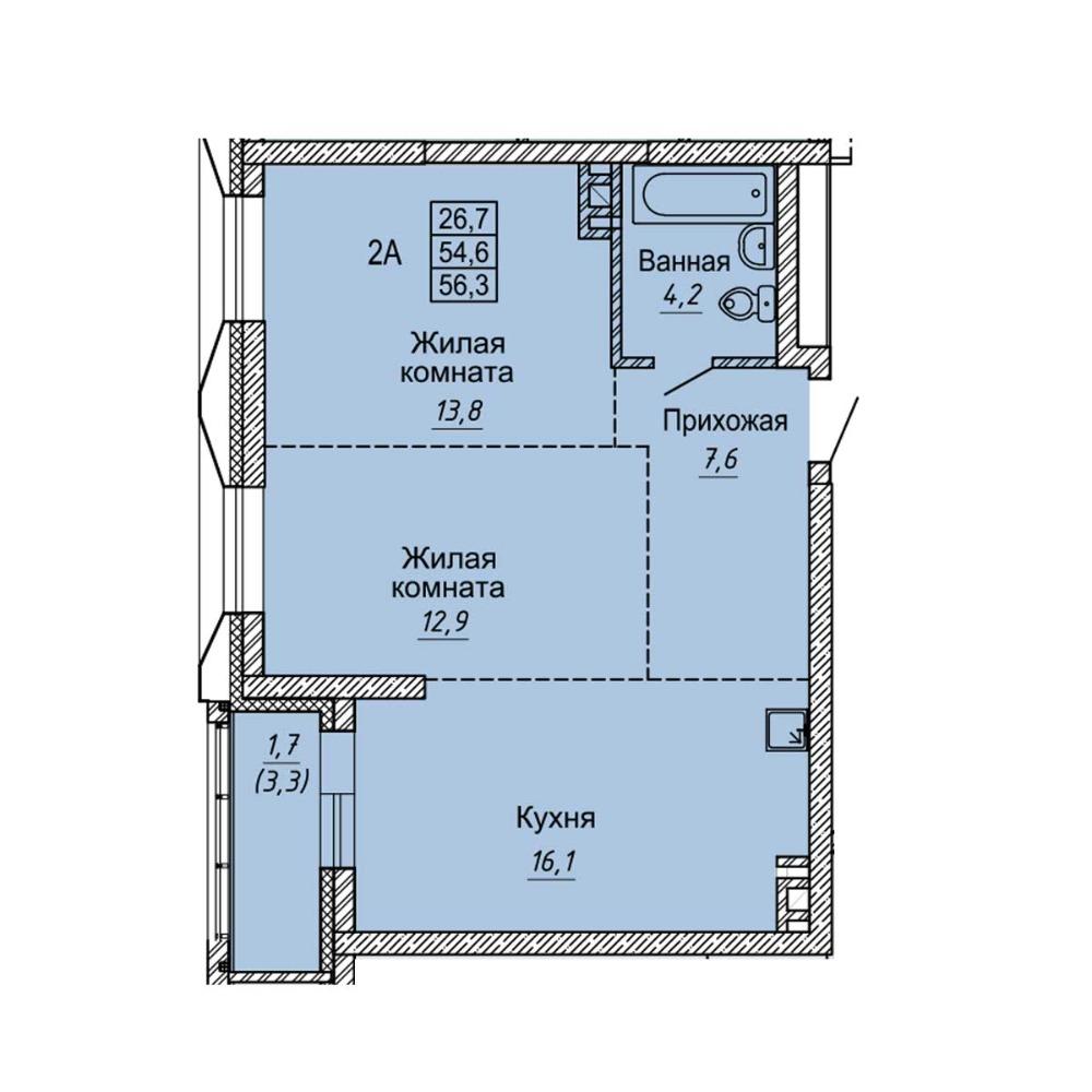 Планировка 2-комнатная площадью 56.3 м<sup>2</sup> в ЖК Grando