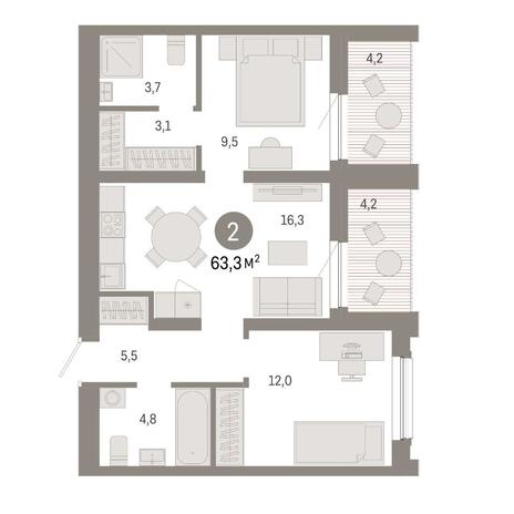 Вариант №14880, 2-комнатная квартира в жилом комплексе 