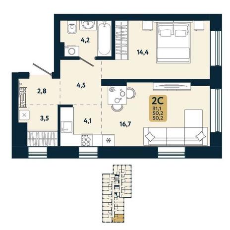 Вариант №15103, 2-комнатная квартира в жилом комплексе Первый на Рябиновой