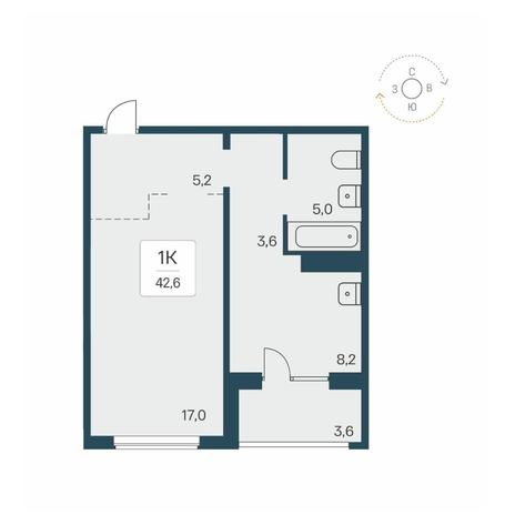 Вариант №13943, 1-комнатная квартира в жилом комплексе 