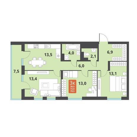 Вариант №12666, 3-комнатная квартира в жилом комплексе Tesla Park
