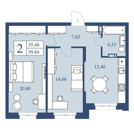 Вариант №7081, 2-комнатная квартира в жилом комплексе 