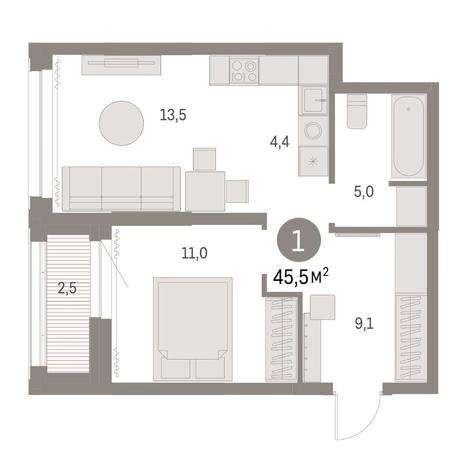 Вариант №14804, 1-комнатная квартира в жилом комплексе 
