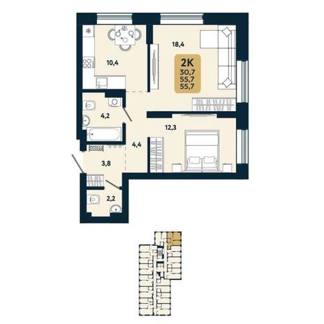 Вариант №15097, 2-комнатная квартира в жилом комплексе Семейный квартал