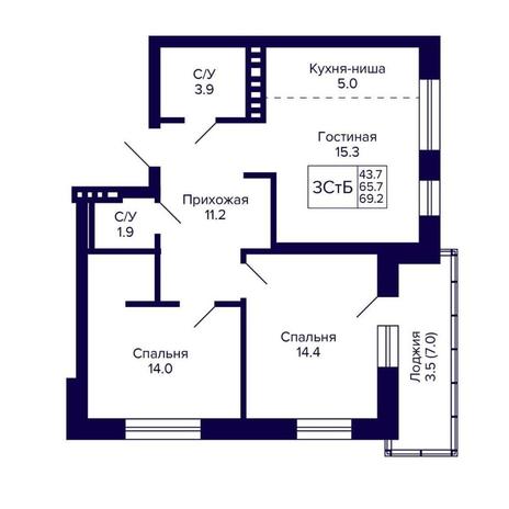 Вариант №14331, 3-комнатная квартира в жилом комплексе Расцветай на Авиастроителей