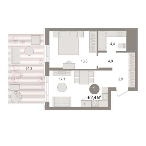 Вариант №14975, 1-комнатная квартира в жилом комплексе 19|56 Кварталы Телецентра