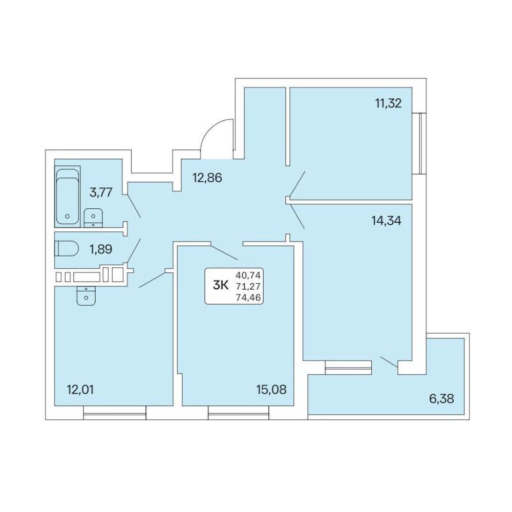 Планировка 3-комнатная площадью 74.46 м<sup>2</sup> в ЖК Расцветай на Обской
