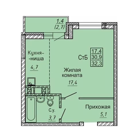Вариант №10649, 1-комнатная квартира в жилом комплексе Новый парк